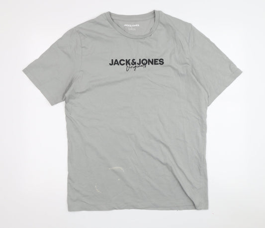 Jack & Jones Men's Grey Logo T-Shirt, Cotton, Medium