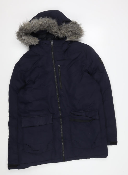 Adidas Men's Blue Parka Coat Size M with Fur Trim