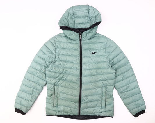 Hollister Men's Green Puffer Jacket Size M Hooded Casual