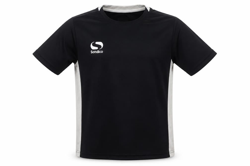 Front view of Sondico boys’ black jersey t-shirt 9-10 years football style