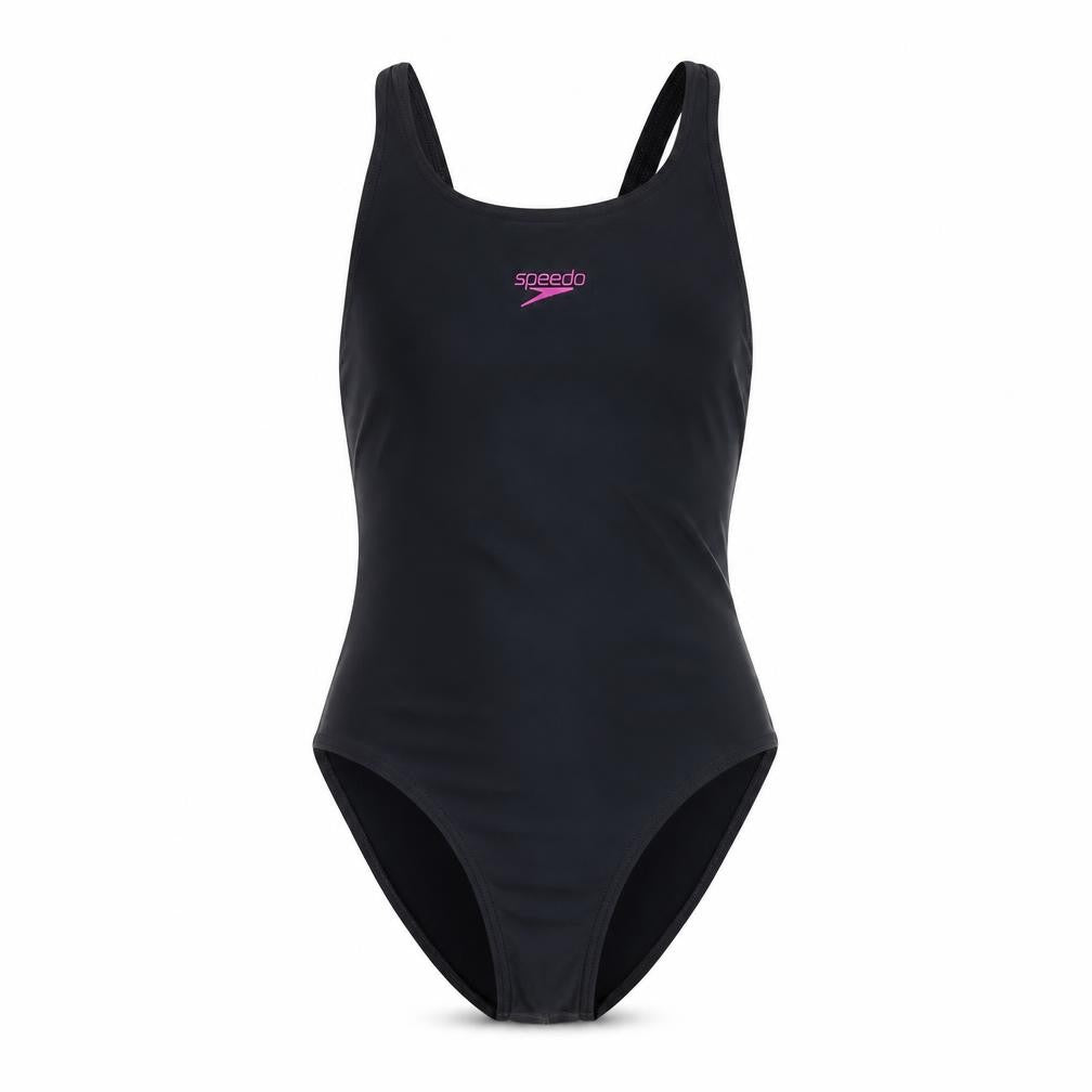 Front view of Speedo girls’ black one piece swimsuit, size 14, years, lightweight