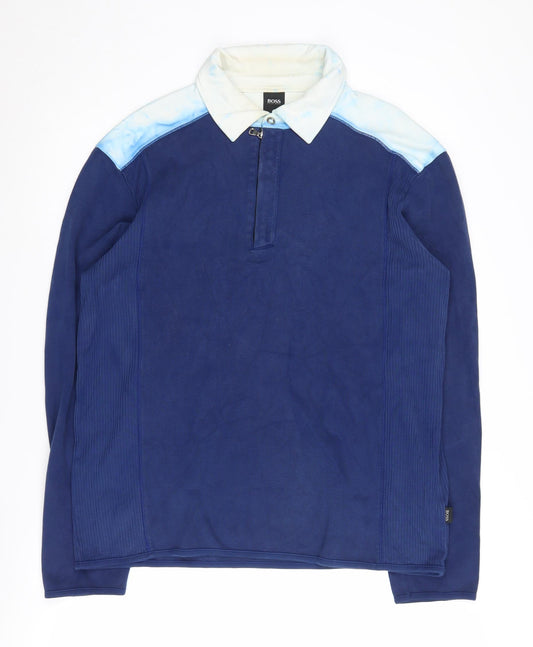 Boss Men's Blue Henley Sweatshirt, Size L, Cotton