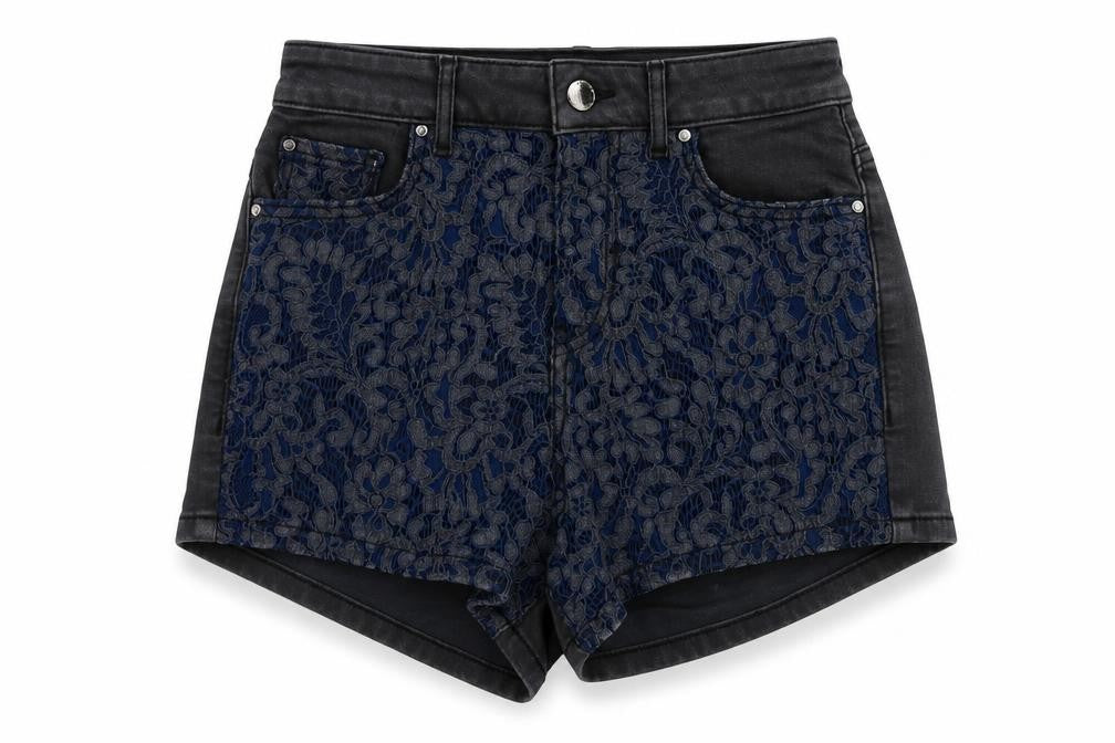 Front view of Guess Women's Black Lace Hot Pants, size 10, Casual Chic