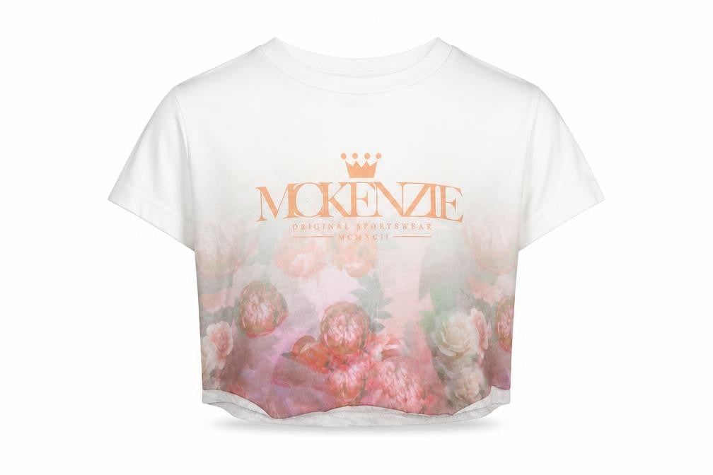 Front view of McKenzie girls’ floral cropped t-shirt, white, 7-8 years