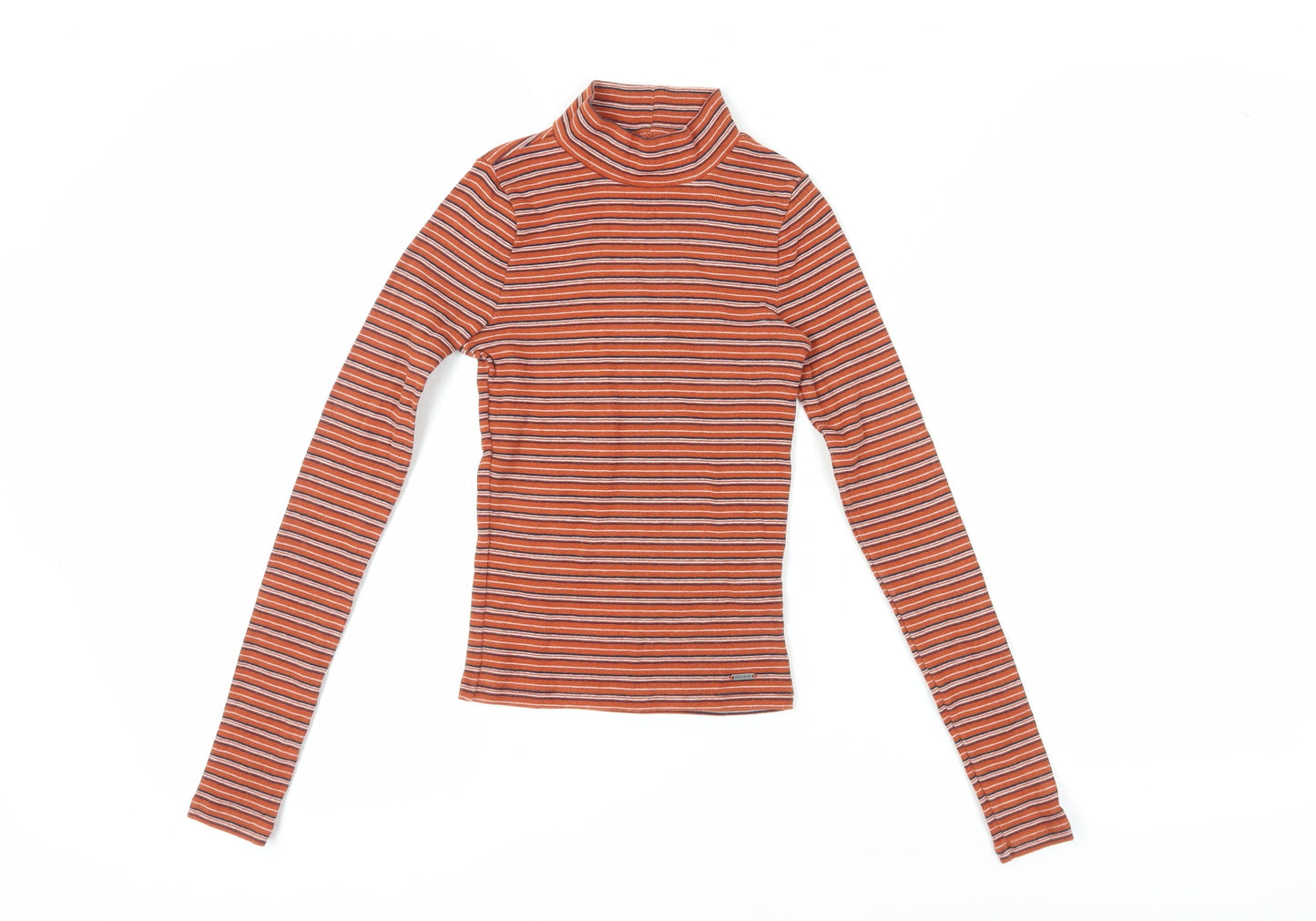Hollister Women's Orange Striped High Neck Jersey T-Shirt XS