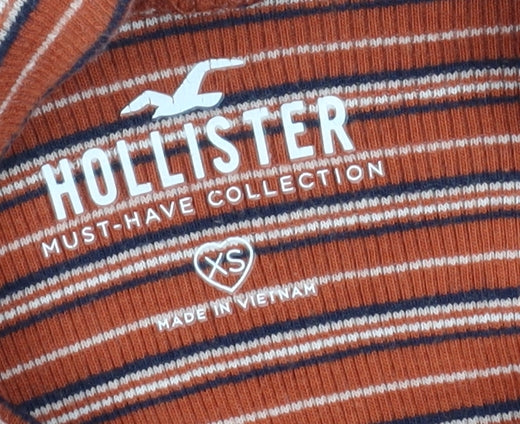 Hollister Women's Orange Striped High Neck Jersey T-Shirt XS