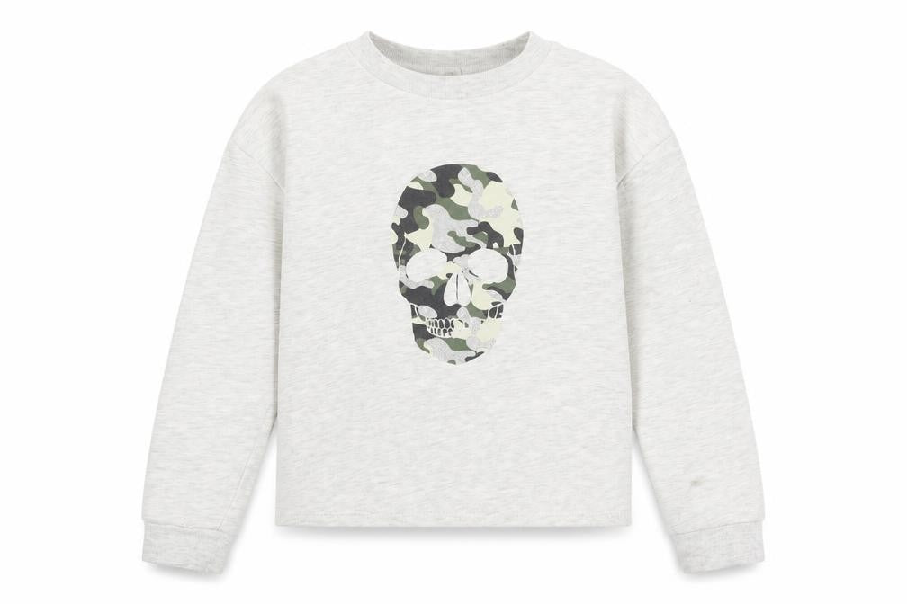 Front view of River Island girls’ grey camouflage skull sweatshirt 11-12 years