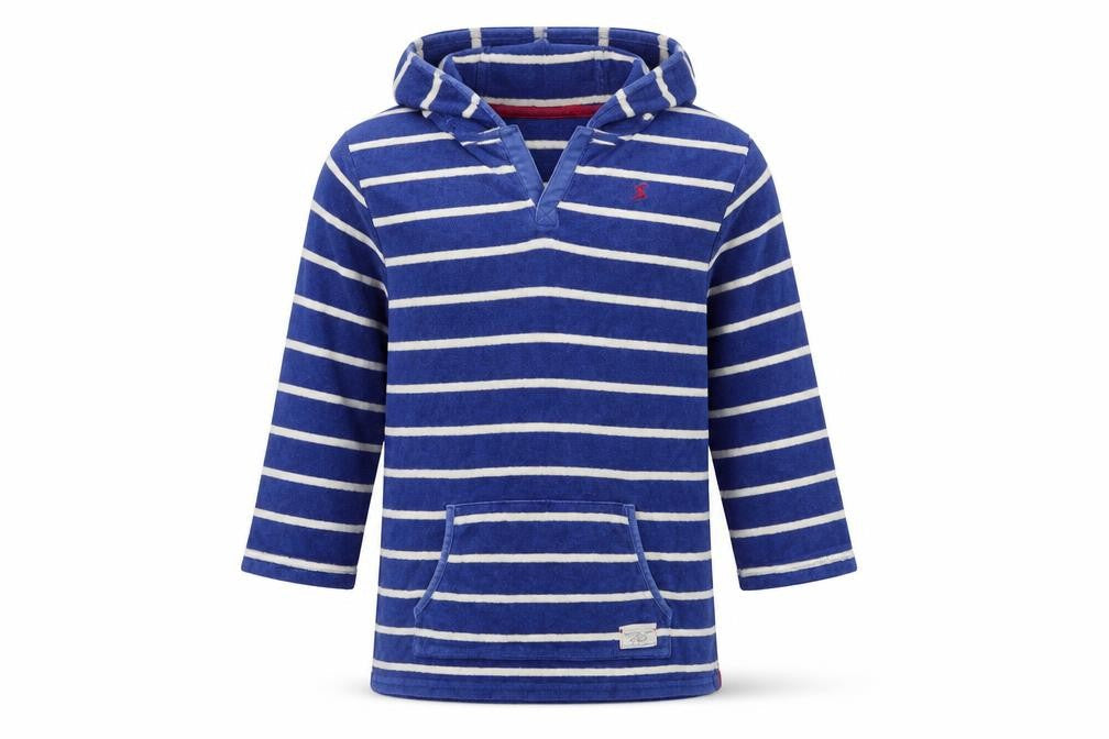 Front view of Joules boys’ blue striped hooded rash guard 11-12 years