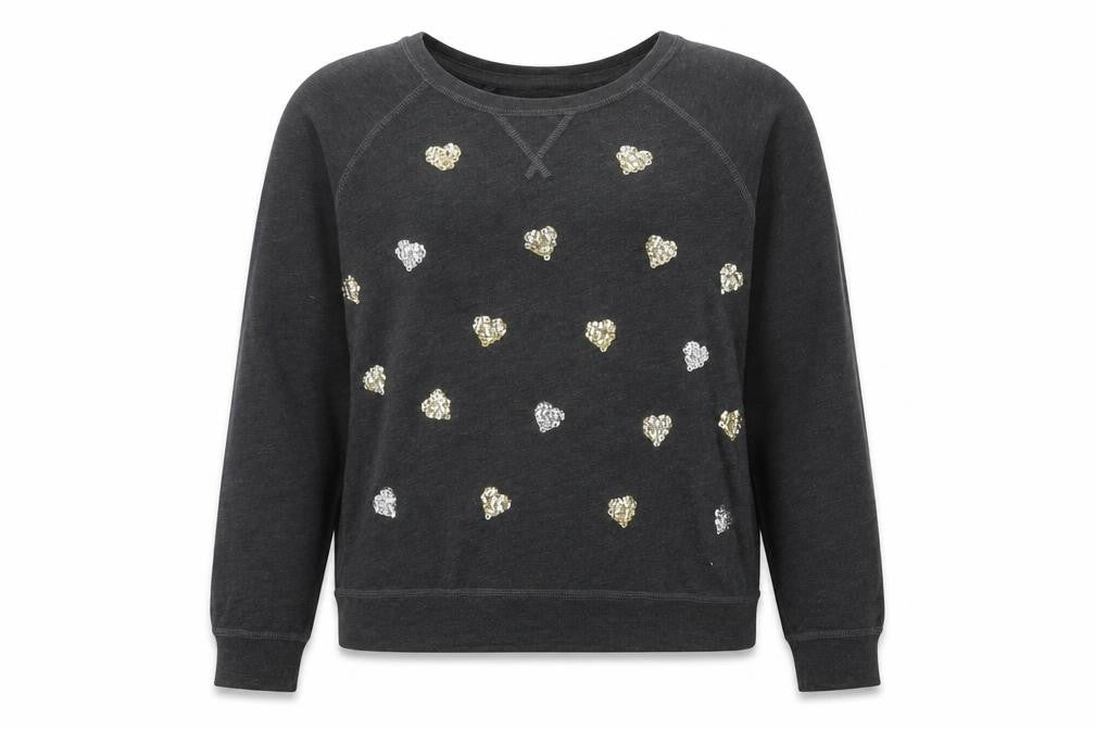 Front view of Abercrombie & Fitch girls’ black sequin pullover sweatshirt, size L
