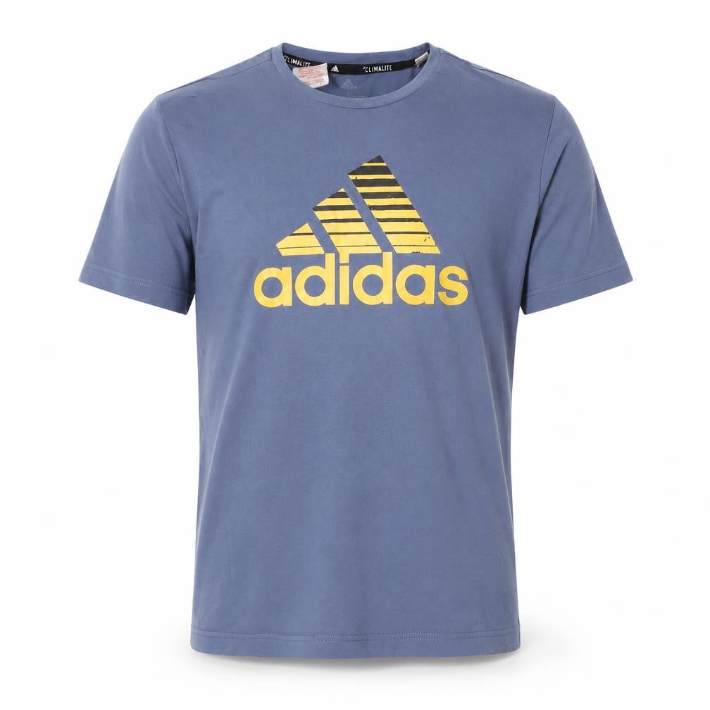 Front view of Adidas boys’ blue graphic t-shirt, size L, active sportswear