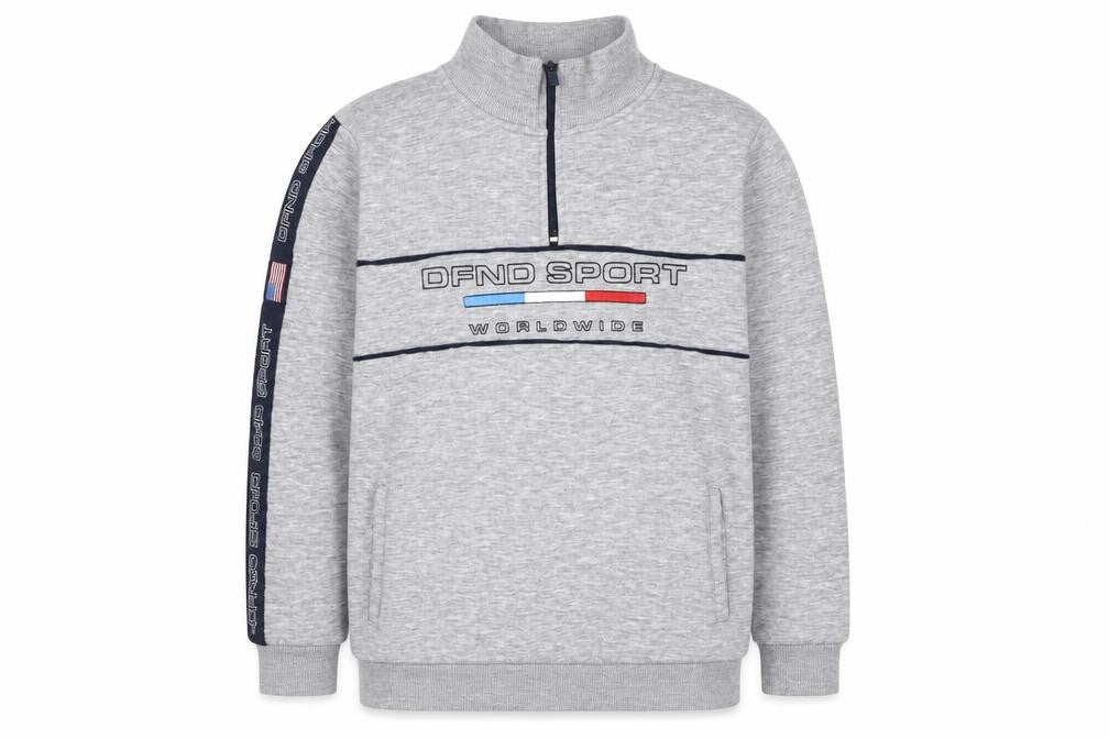 Front view of DFND boys’ grey henley sweatshirt, 13 years, 1/2 zip, logo