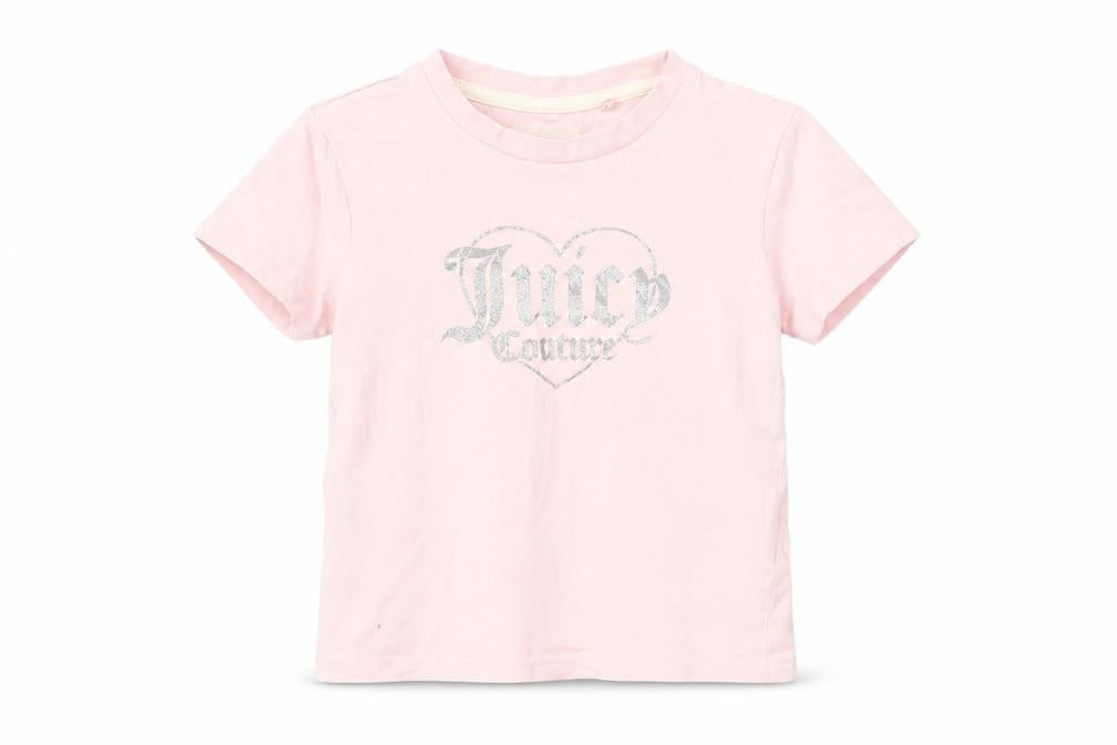 Front view of Juicy Couture girls’ pink glitter graphic short sleeve t-shirt 2t