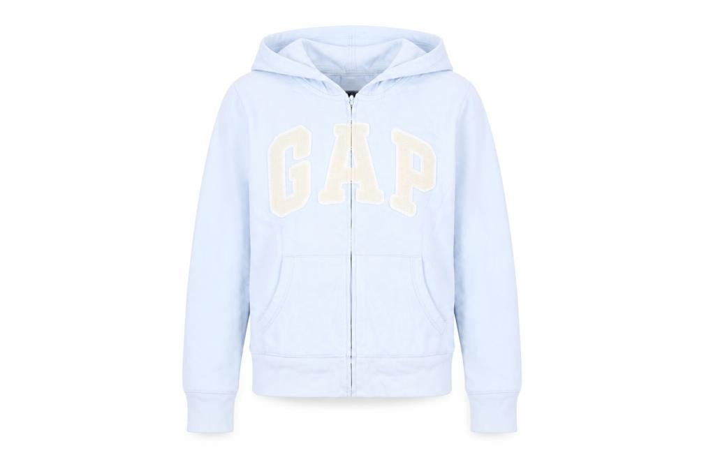 Front view of Gap girls’ blue full zip hoodie 2xl logo casual