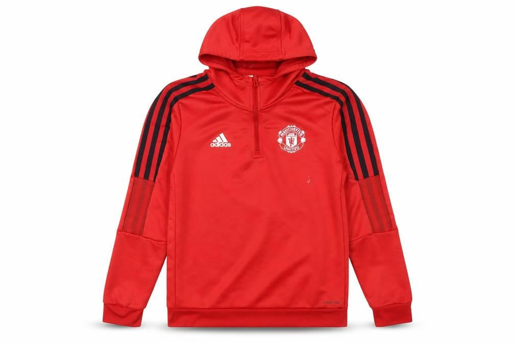 Front view of Adidas boys’ red football hoodie 11-12y pullover sports logo
