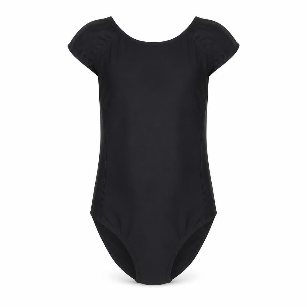 Front view of Decathlon girls’ black one piece swimsuit, size 12