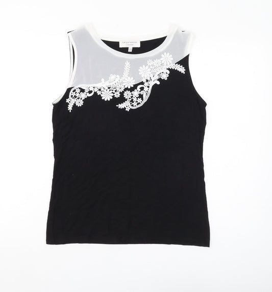 Laura Ashley Women's Black Tank Top, Size 12, Floral Embroidery