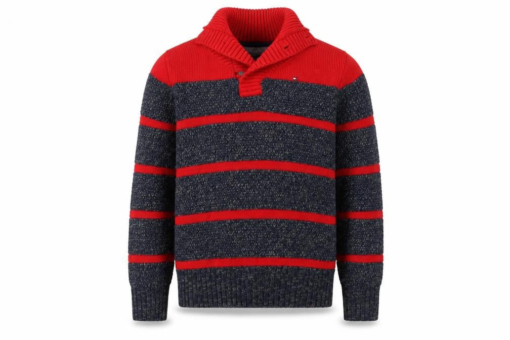 Tommy Hilfiger Boys Red Grey Striped Pullover Jumper M
