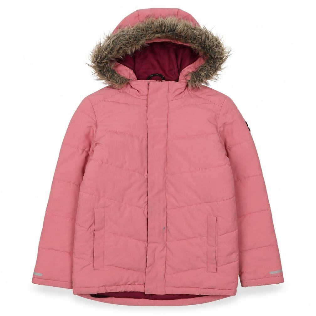 Front view of TOG24 girls’ pink puffer jacket, size 10-11, hooded & lined