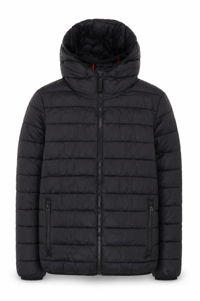 Front view of Next boys’ black puffer jacket 13 years hooded