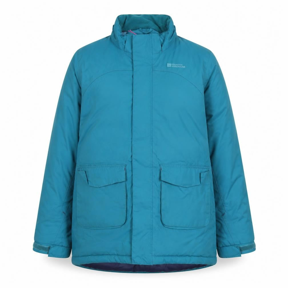 Front view of Mountain Warehouse girls’ blue waterproof puffer jacket 13 years