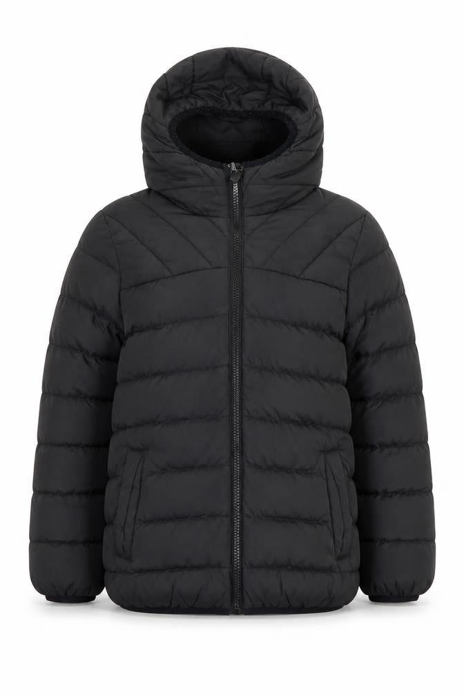 Front view of Next boys’ black puffer jacket 5 years with hood