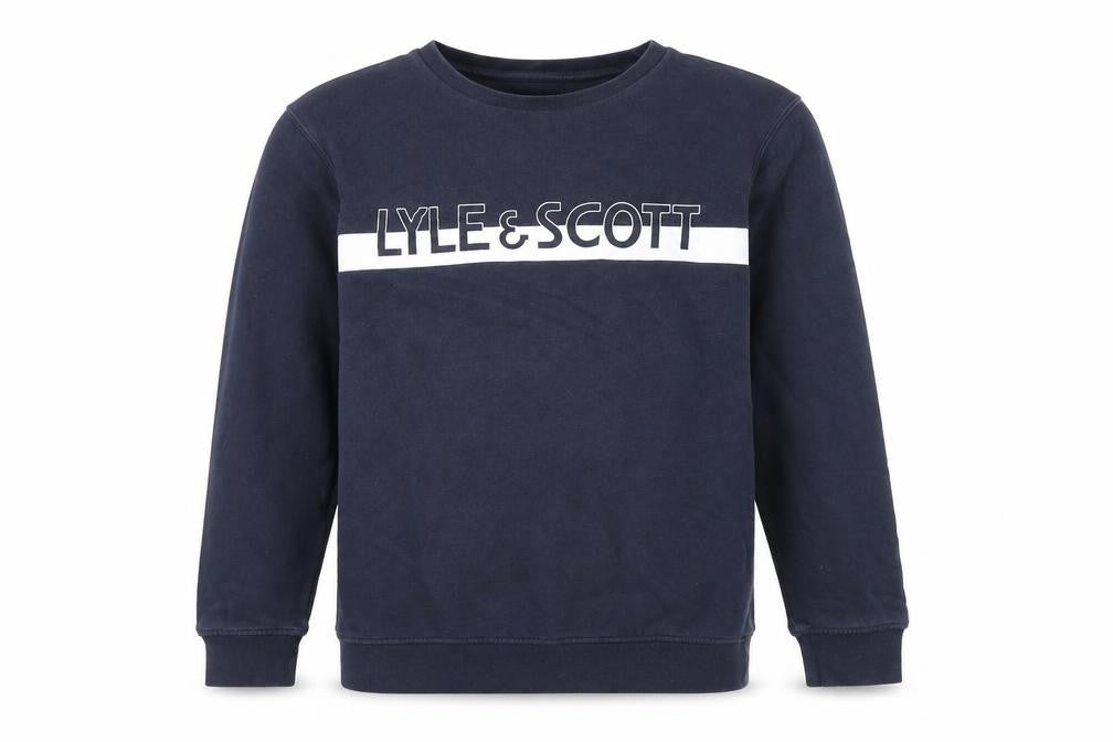 Front view of Lyle & Scott boys’ blue pullover sweatshirt, size 12-13