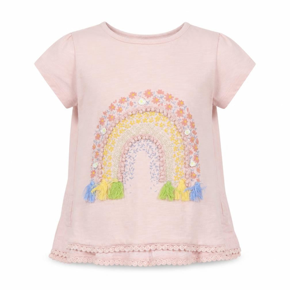 Front view of Mantaray girls’ pink floral tunic t-shirt 3-4 years