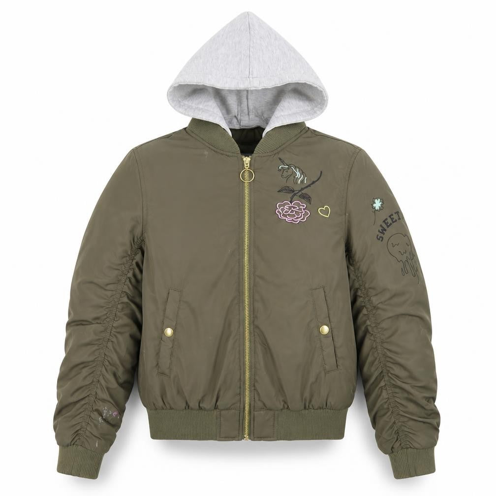 Front view of H&M girls’ green bomber jacket with hood, size 11-12, years