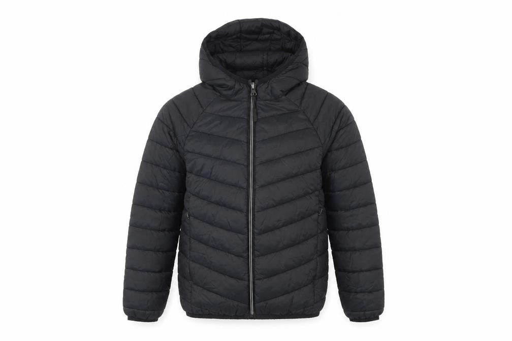 Front view of Marks & Spencer boys’ black hooded puffer jacket 7-8y