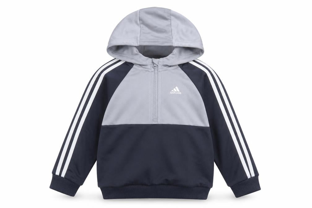 Front view of Adidas boys’ blue grey colourblock hoodie, 12-18 months