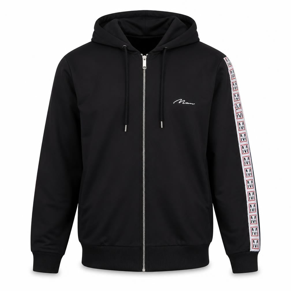 Front view of boohooMAN Men's Black Full Zip Hoodie - M
