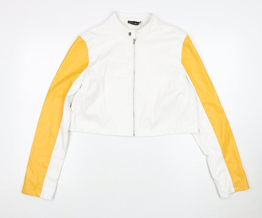 PrettyLittleThing Women's White Yellow Biker Jacket UK 12