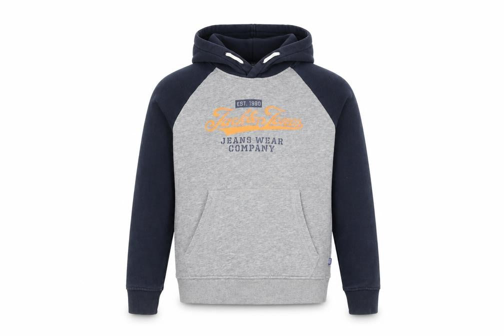 Front view of Jack & Jones boys’ grey blue pullover logo hoodie, size 24