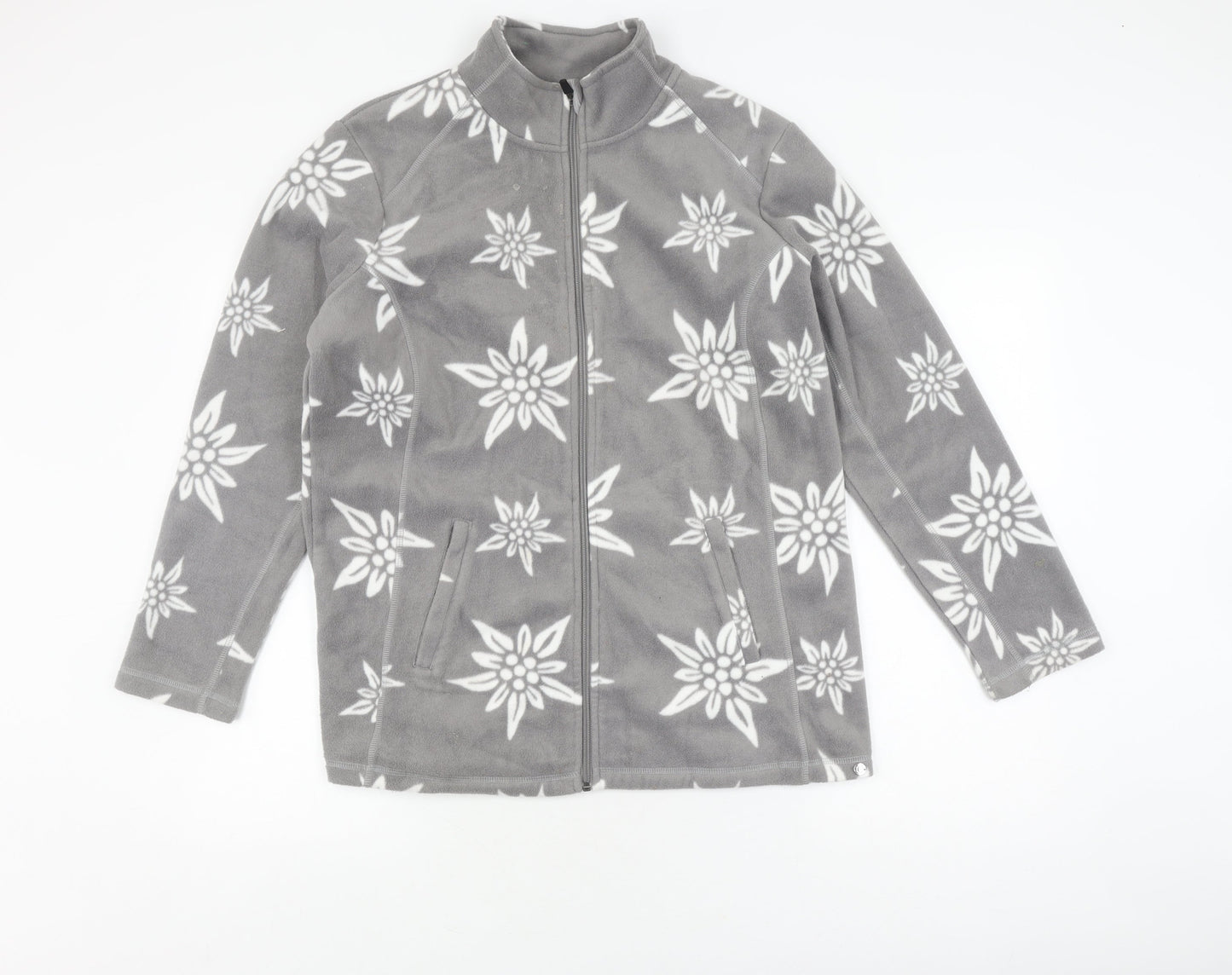 Damart Grey Floral Fleece Jacket, Size 12, Full Zip Women's