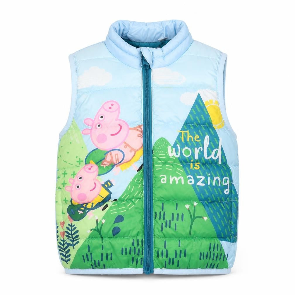 Front view of Peppa Pig boys’ blue puffer jacket 2-3 years quilted lined