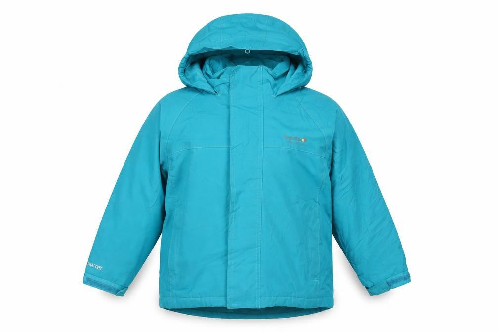 Front view of Regatta girls’ blue parka jacket 5-6 years hooded waterproof
