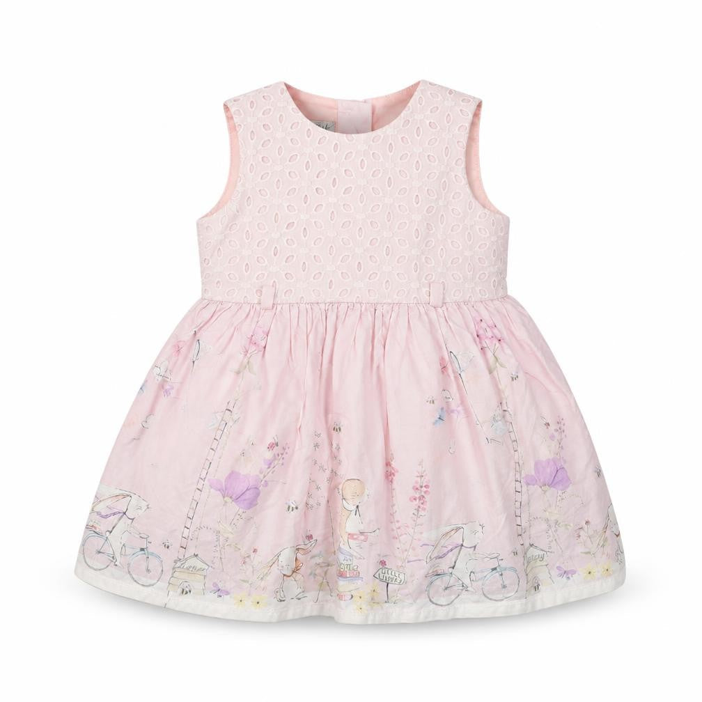 Front view of Next girls’ pink a-line dress, 6-9 months, floral embroidery