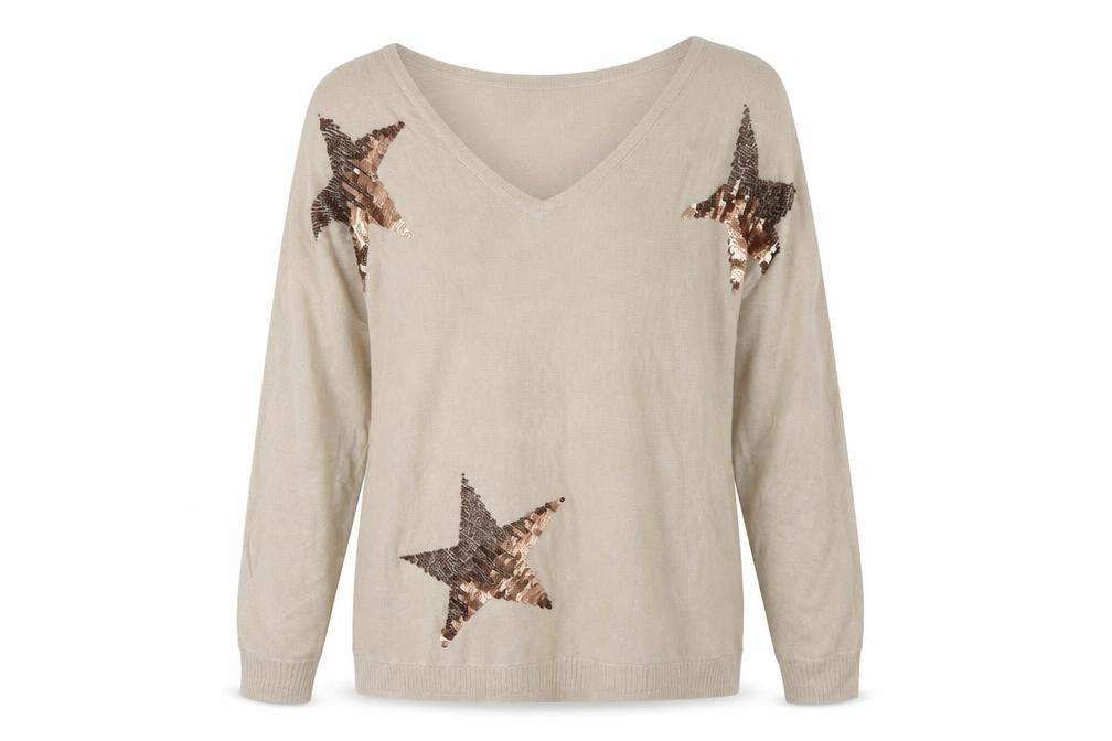 Next Women's Beige Sequin Star V-Neck Pullover M