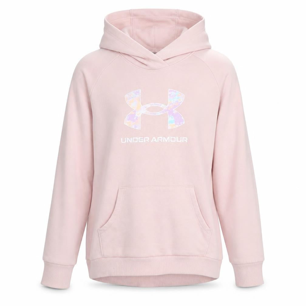 Front view of Under Armour girls’ pink pullover hoodie –, size L, sports style