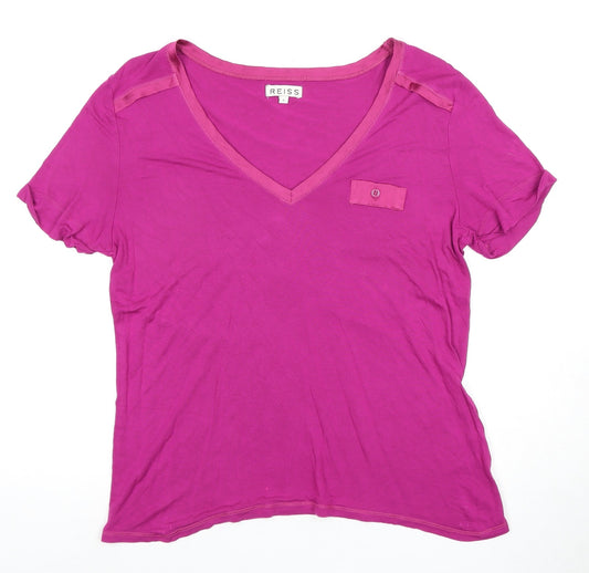 Reiss Women's Pink V-Neck T-Shirt, Size L, Button Accent