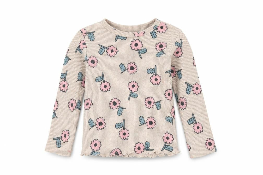 Front view of Zara girls’ beige floral long sleeve t-shirt, 2-3 years