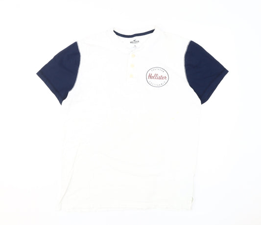 Hollister Men's White/Blue Henley T-Shirt M Logo