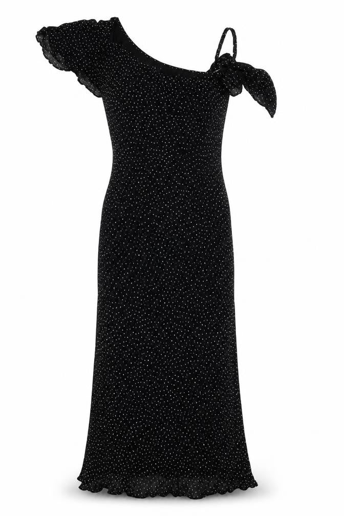 Front view of ASOS DESIGN Women's Black Polka Dot Bodycon Midi Dress, size 14