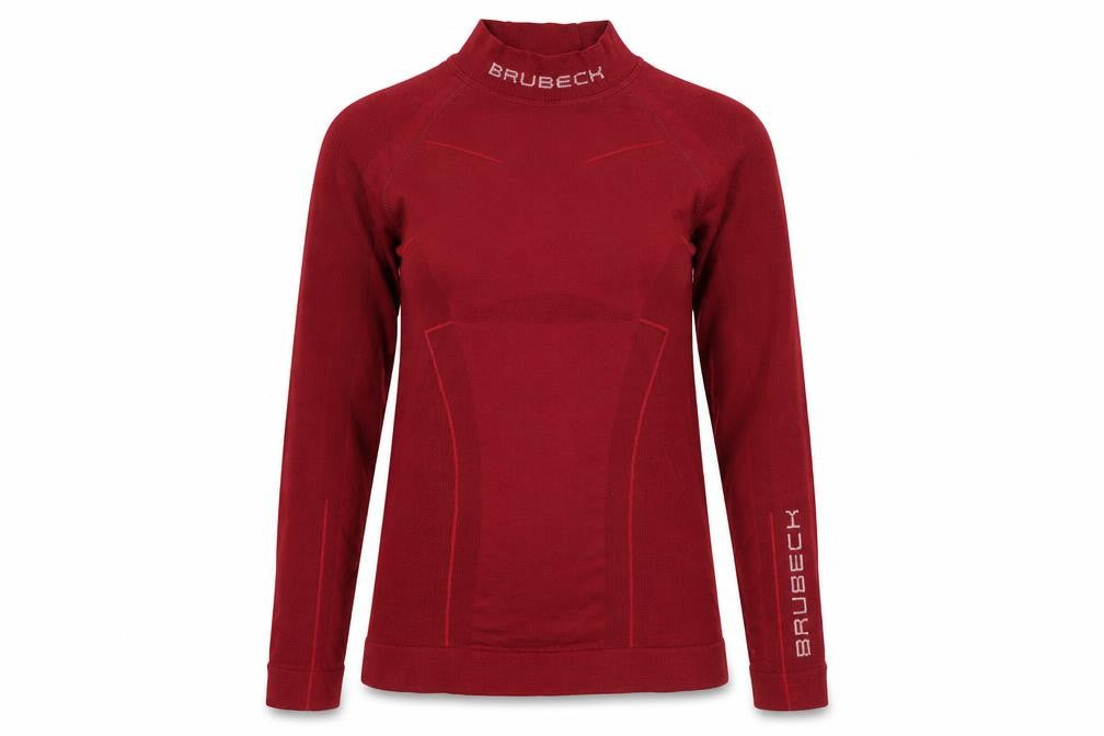 Front view of Brubeck girls’ red pullover top, size 12, long sleeve athletic
