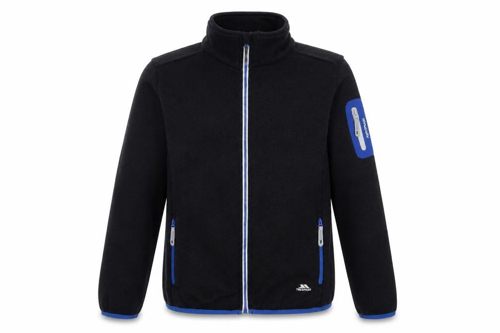 Front view of Trespass boys’ eco-friendly black & blue jacket 11-12 years
