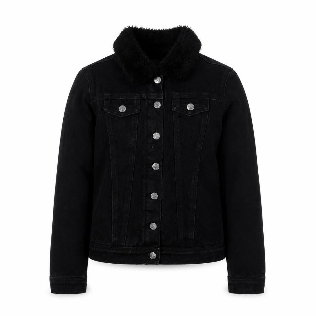 Front view of New Look girls’ black denim jacket, age 14-15, fur collar