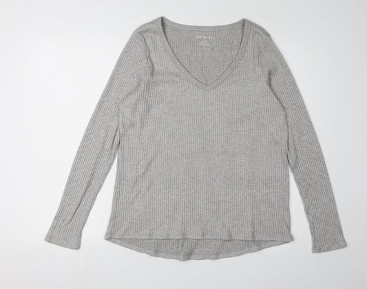 American Eagle Women's Grey V-Neck Long Sleeve T-Shirt
