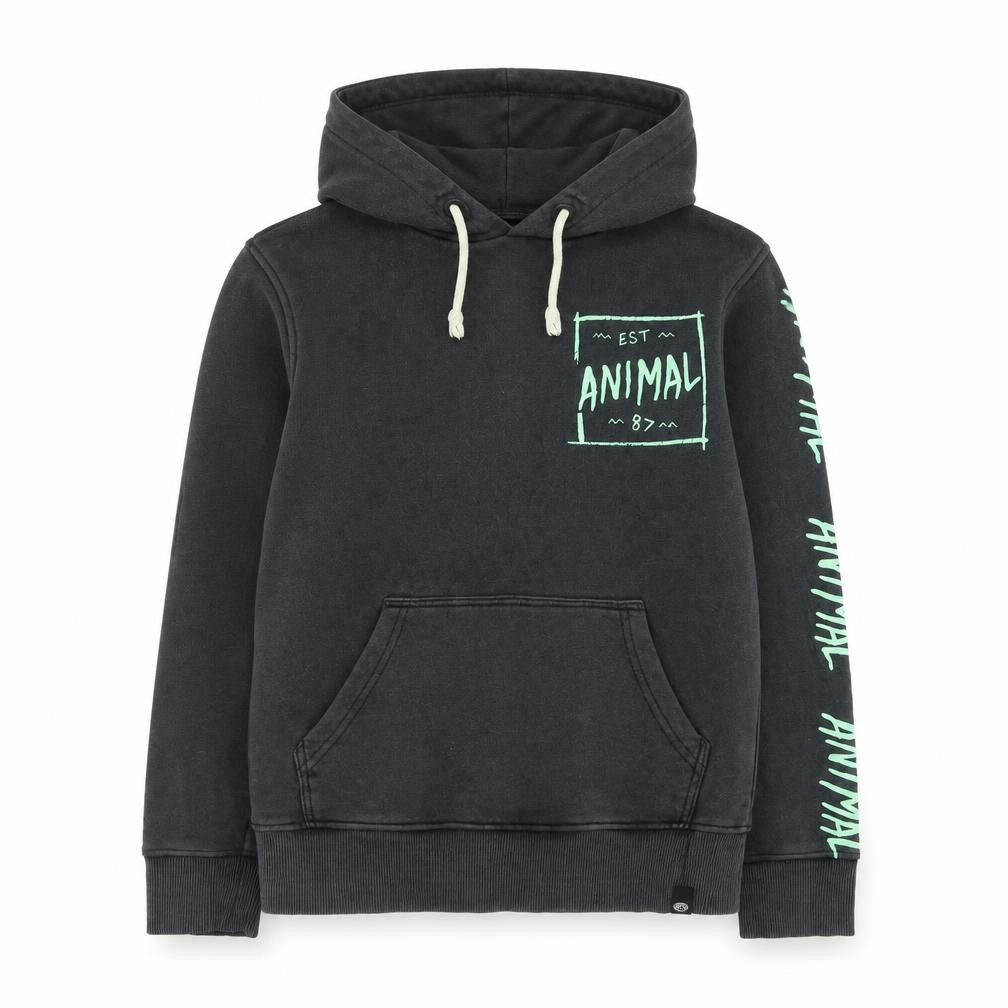 Front view of Animal boys’ black graphic hoodie 7-8 years pullover style