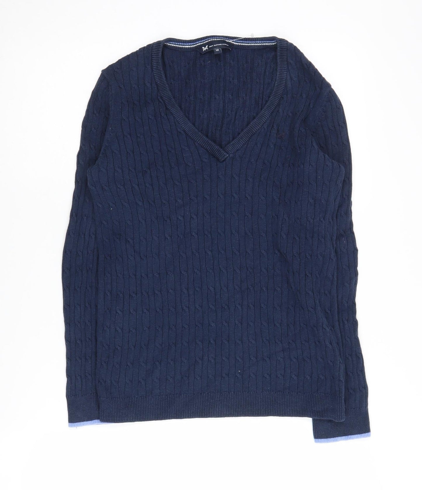 Crew Clothing Women's Blue Cable Knit V-Neck Jumper Size 12