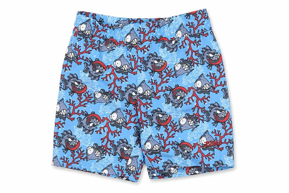 Front view of Zoggs boys’ blue fish print swim shorts 2 years quick dry